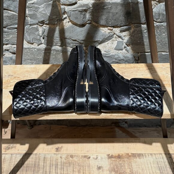 Chanel Glossy Black Pearl Chain CC Embellished Combat Boots - Picture 10 of 14